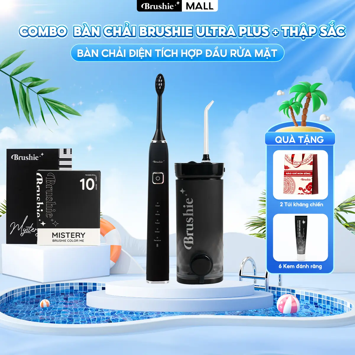 [DEAL SHOCK GIẢM 100K] Combo bàn chải điện Brushie Ultra Plus chính hãng tích hợp đầu rửa mặt và Tăm nước mini Brushie Thập sắc nhỏ gọn hỗ trợ làm sạch hiệu quả [ BẢO HÀNH 1000 NGÀY ] - tặng 2 túi kháng chiến + combo 6 kem đánh răng