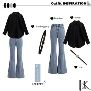 Setelan One set wanita kekinian [KEMEJA + CELANA CUTBRAY + IKAT PINGGANG + JAM TANGAN] style 4in1 Atasan Bawahan KS0056