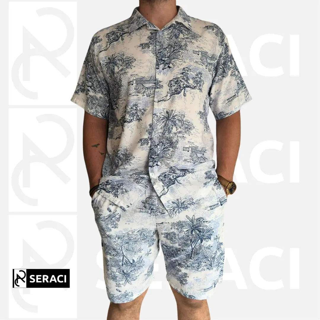 SERACI - one set kemeja pria dan wanita setelan celana pendek hawaii daily outfit pantai bahan rayon premium baju tidur piyama motif abstrak Safari
