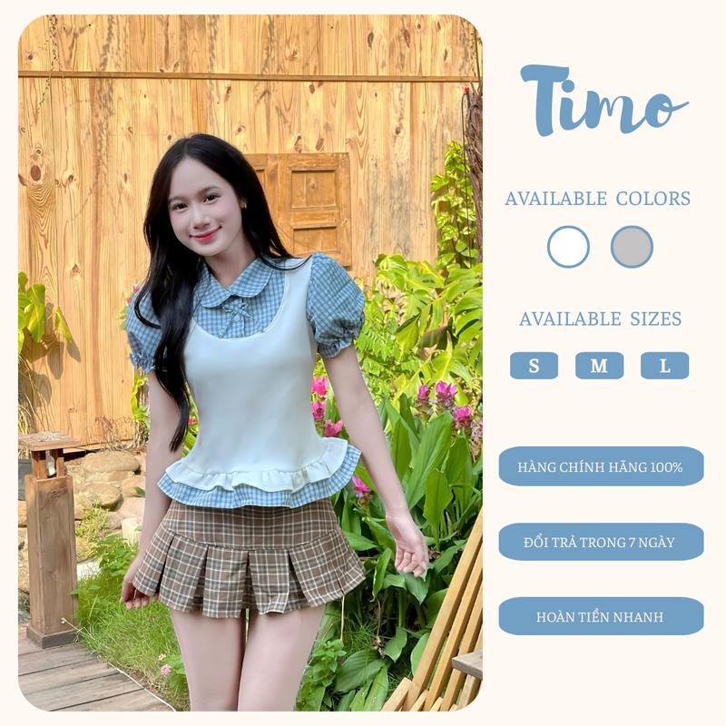   TOP BÁN CHẠY  Áo cổ sơ mi kẻ caro phối thun trắng dáng xòe tay bồng cực xinh AOT060 