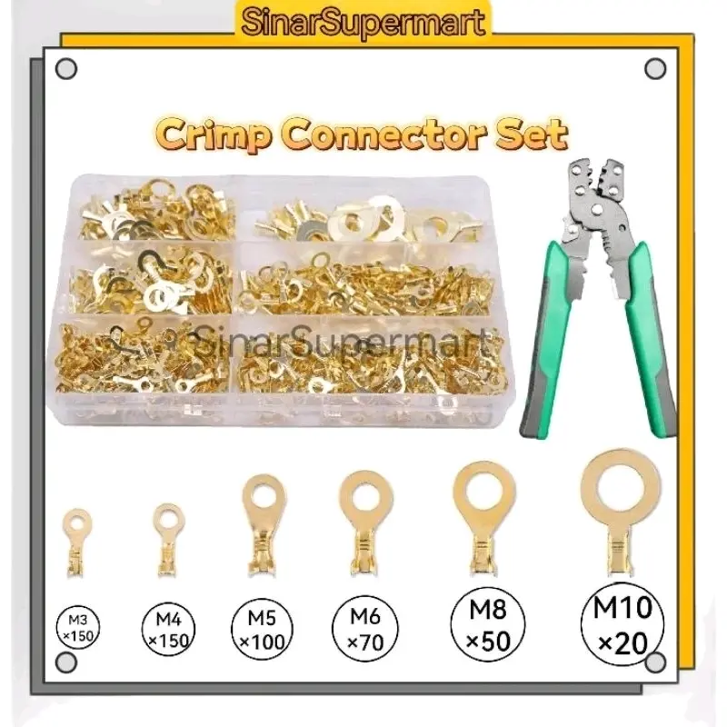 SinarSupermart 150 540pcs Ring Wire Clip Terminal Set Klip Wayar Round Body Electrode Crimp Connector Stripper Crimping