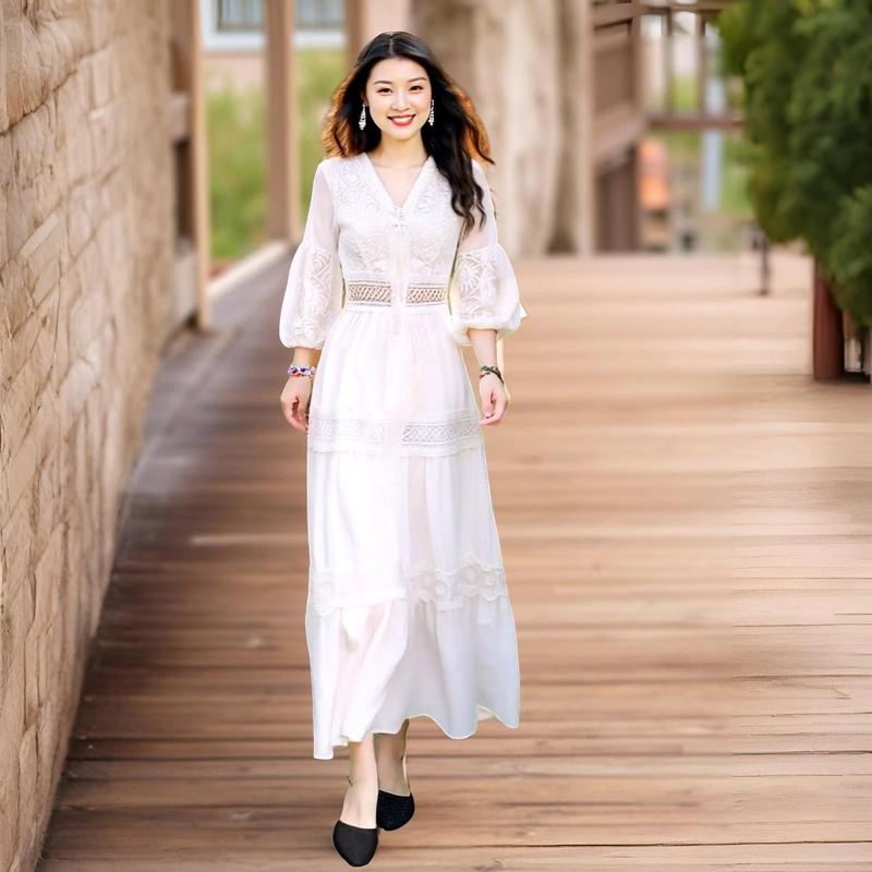 Đầm maxi cotton phối ren thêu cao cấp sang trọng Nữ Women Cam Dress Sen Voi Viền Ren Màu Trắng Màu Hồng đầm  maxi