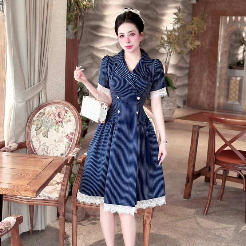  Váy cổ vest dự tiệc kẻ sọc sang trọng thiết kế cao cấp dáng xòe xanh đậm đẹp công sở thanh lịch tay ngắn đi tiệc đi làm eo tôn dáng Lux W Fashion 