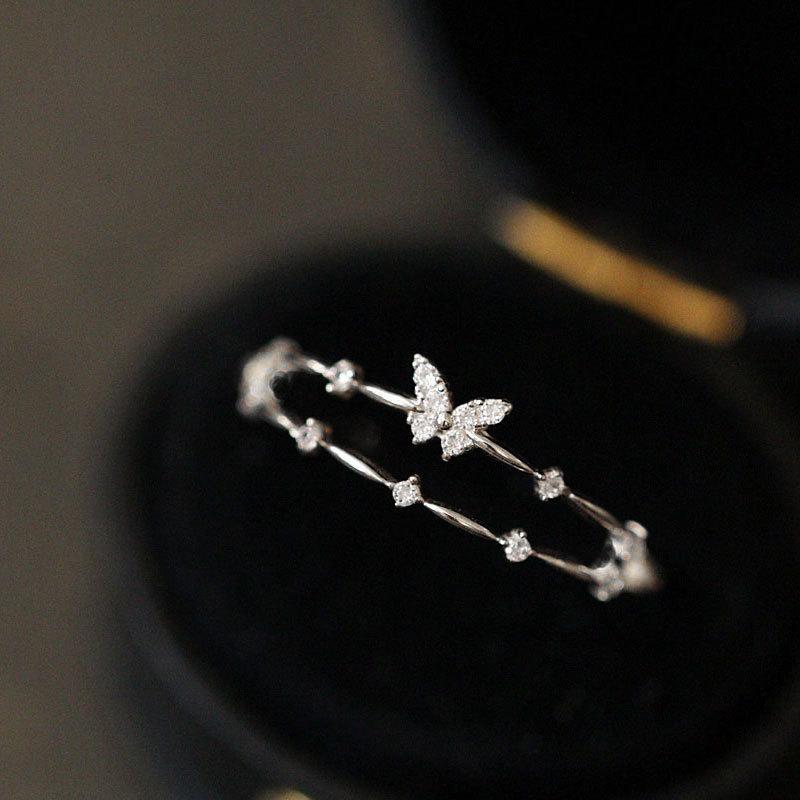 Nhẫn Hở, Bạc Sterling S925, Thiết Kế Hai Lớp, Bướm Kim Cương Nhỏ 3