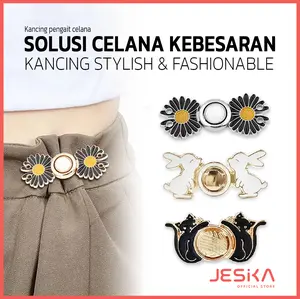 Kancing snap pengecil pinggang celana longgar button lepas pasang karakter bunga kucing lucu astetic aesthetic gold bahan kain jeans kulot