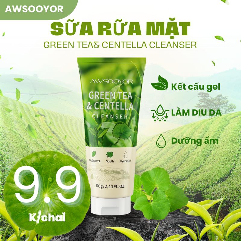 AWSOOYOR sữa rửa mặt trà xanh rau má 3 chai 49.9K 60ml Làm sạch sâu Giảm bóng dầu tự nhiên không làm khô da Dành cho cả Nam và Nữ | Phù Hợp Mọi Loại Da