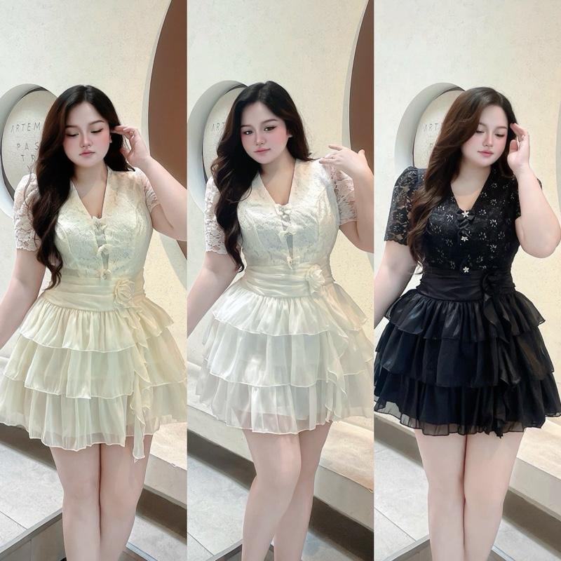  Đầm phối ren tầng 3 nơ 55-90kg M L XL XXL QUYNH NHƯ BIGSSIZE 
