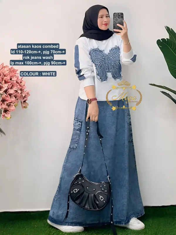 Setelan Wanita Motif Kupu Rok Jeans Wash Saku Kana Kiri Atasan Kaos Combed Premium Terlaris 0
