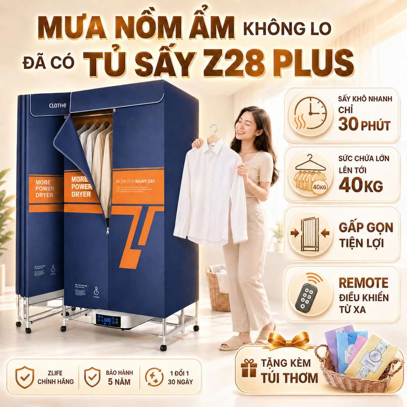 Tủ Sấy Quần Áo Gấp Gọn ZLIFE Z28 PLUS Công Suất Cao Sấy Nhanh, Khử Khuẩn, Tạo Mùi Thơm
