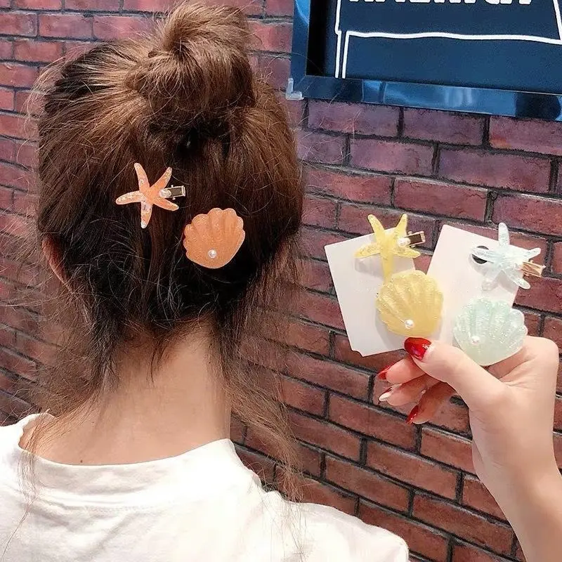 Kẹp tóc vỏ sao biển xanh lá bạc hà, kẹp tóc mái bên ngọt ngào, phụ kiện tóc bên bờ biển dễ thương Nữ Women Voi 7