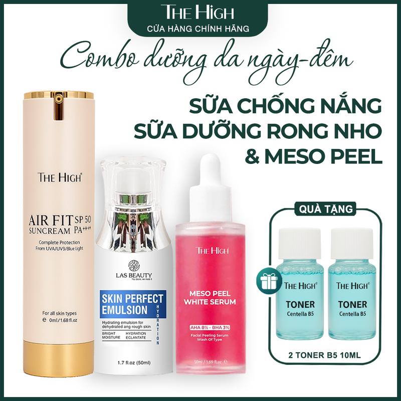  The High Combo Chăm Da Ngày và Đêm - Kem Chống Nắng Air Fit SPF 50 Sữa Dưỡng Rong Nho & Meso Peel Tặng Quà B5 Mini 10ml 