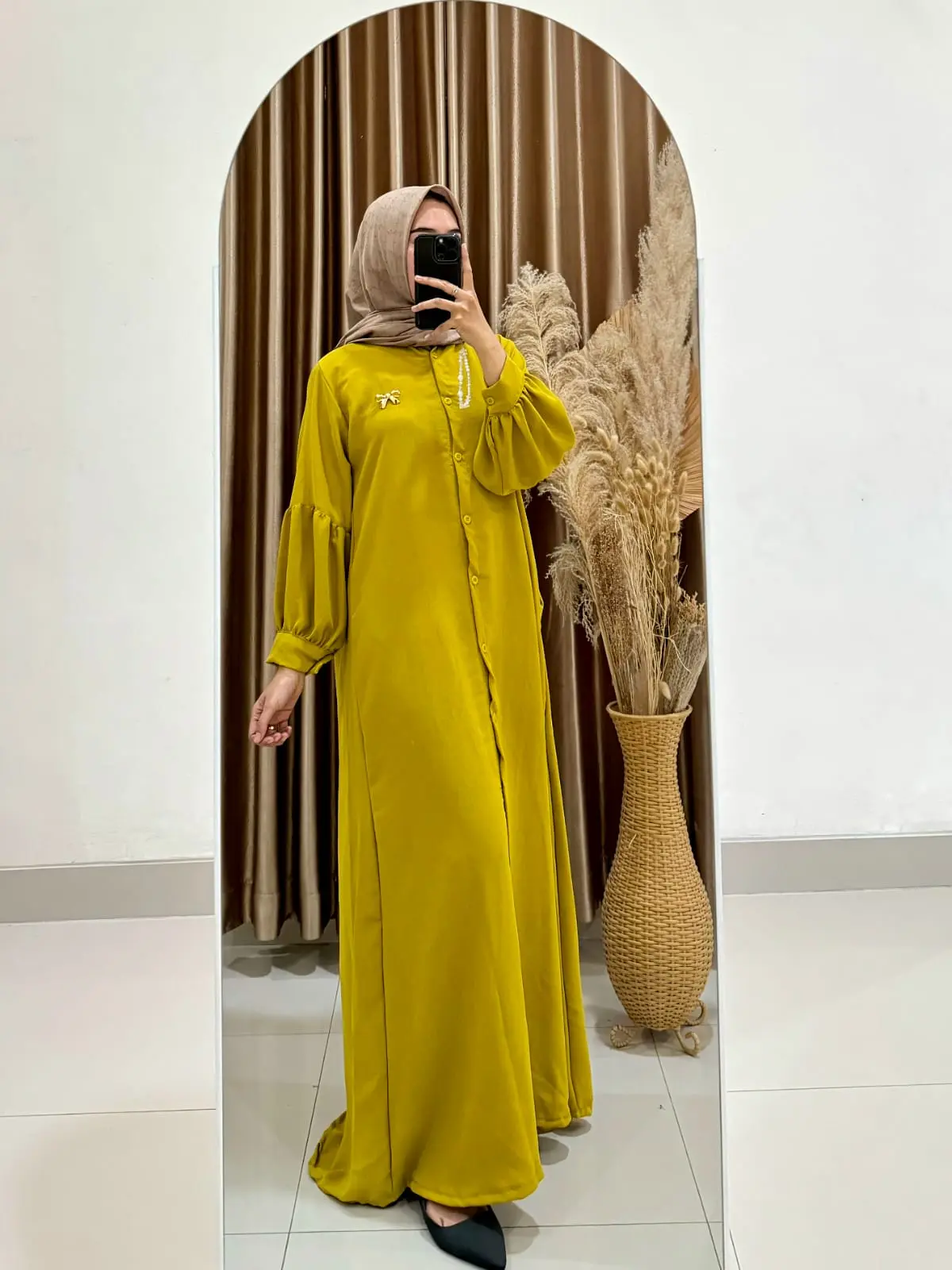 Gamis Kancing Polos Jumbo Tangan Balon List Belakang Dress Kancing Jumbo Crinkle Airflow Syari Mewah Muslim