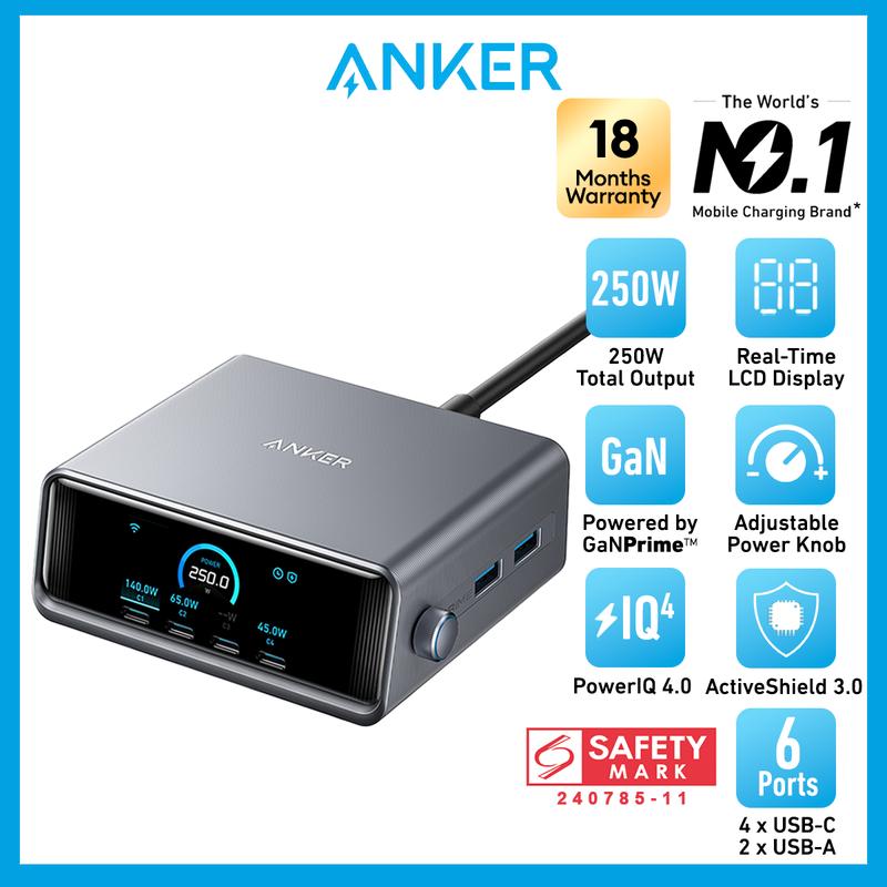 Anker Prime Charger, 250W 6-Port GaN Charging Station Fast Charging USB C Charger Adapter Desktop Multi Plug A2345 0