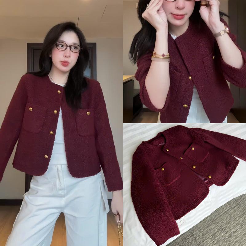 (KÈM MÓC+BỌC PHỦ) Áo dạ tweed nữ bông xù cúc đồng CHUẨN HÃNG QC2025