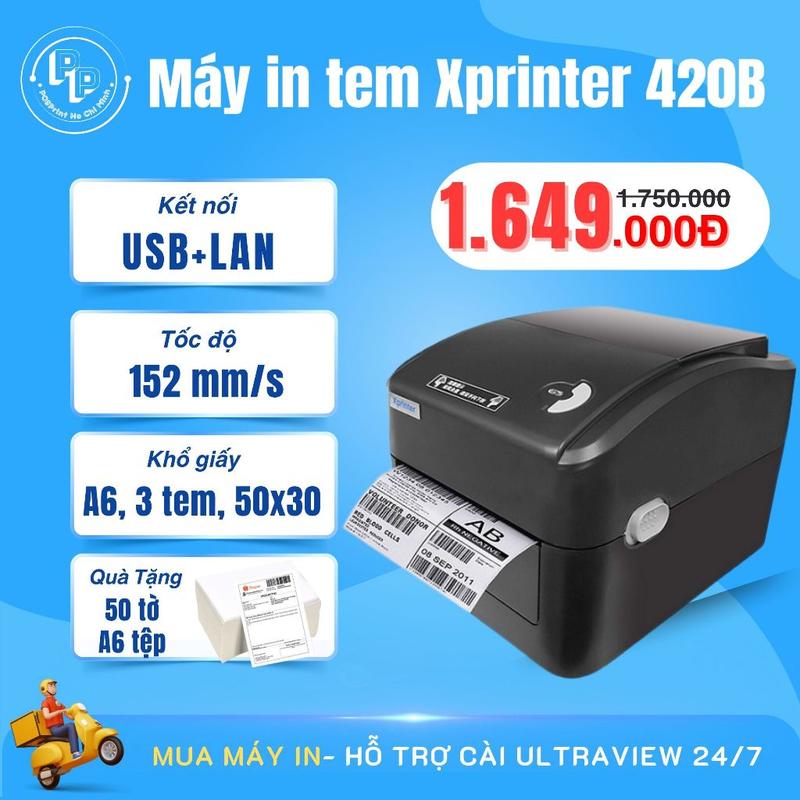 Máy in đơn hàng, mã vận đơn XPRINTER 420B khổ A6 kết nối USB+LAN, in đơn sàn TMĐT, in đơn vận chuyển