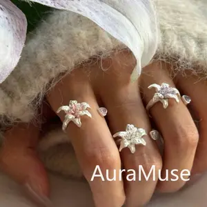 [AuraMuse] cincin perak bunga lily adjustable wanita aksesoris hias jari sederhana elegan A209