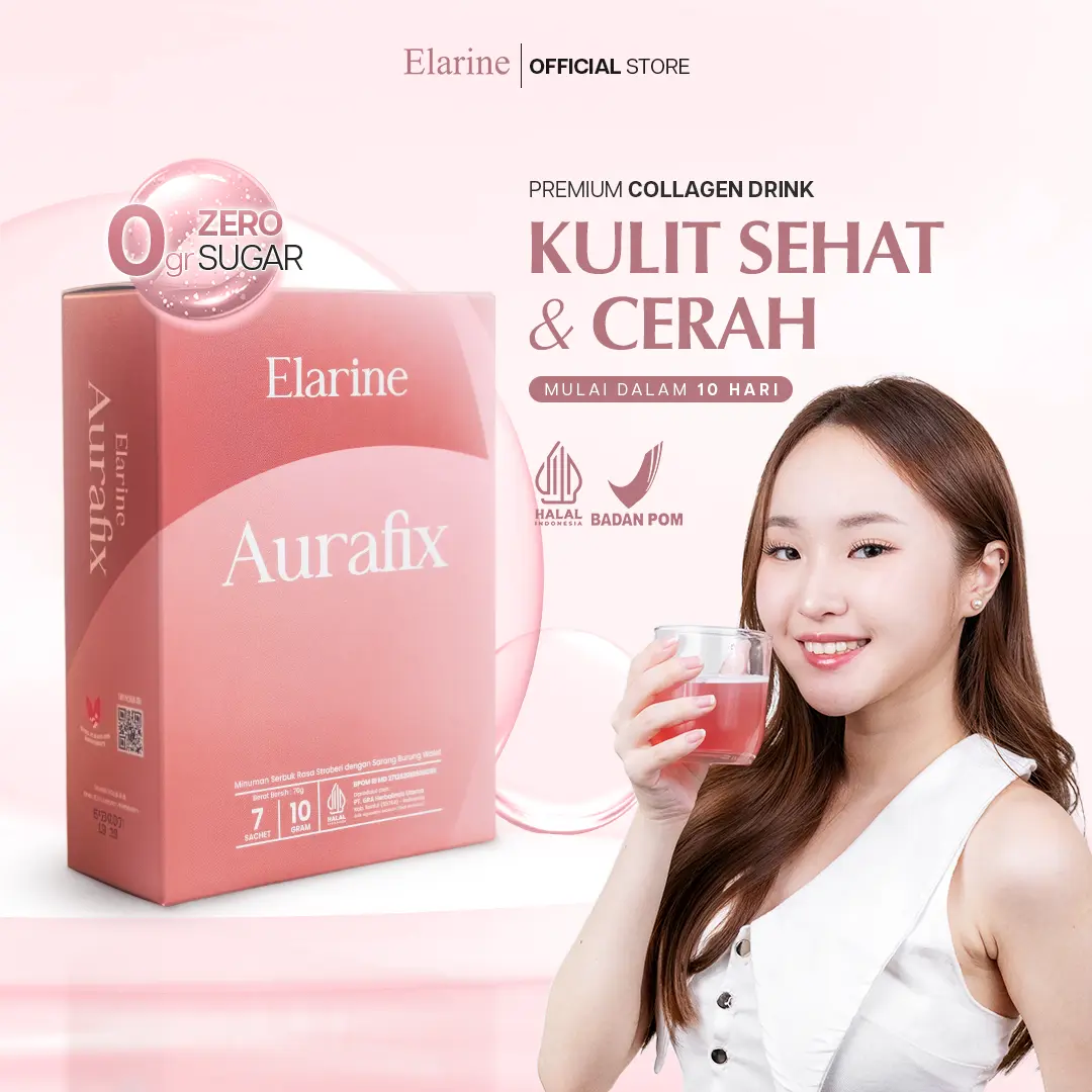 Elarine Aurafix Drink Minuman L-Glutathion Dengan 0 gr Gula & Collagen ( Kolagen Drink ) Rasa Stroberi Dengan Tripeptida Kolagen Ikan & Extrak Ikan Salmon, Untuk Pencerah Kulit, Tubuh & Meratakan Warna Kulit