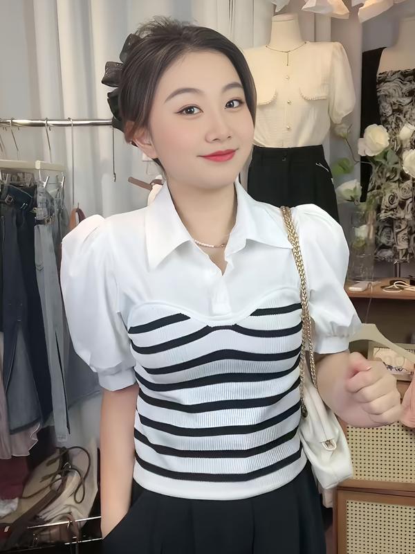 MaiKa Shop Áo Sơmi Nữ Ngắn Tay Tăm Hàn Phối Thô Hàn Chất Liệu Thun Mềm Mại Màu Trắng Đen Phong Cách Basic Thanh Lịch Size S-XXL Dành Cho Nữ