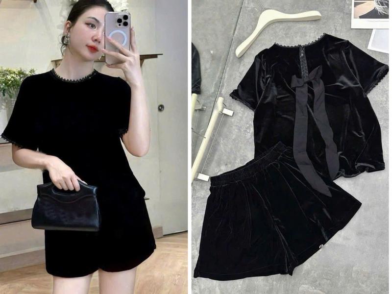 Set nhung nơ đính sau lưng kèm quần cực sang, trắng da,sét bộ nữ chất nhung tôn da mặc đi chơi dạo phố S356