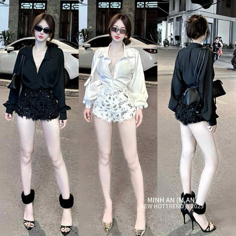  S18 • Set Áo SơMi Lụa Tay Dài Fom Rộng Mix Chân Váy Lông Đính Kim Sa Bling Sang Chảnh • NA TÍM Clothing 
