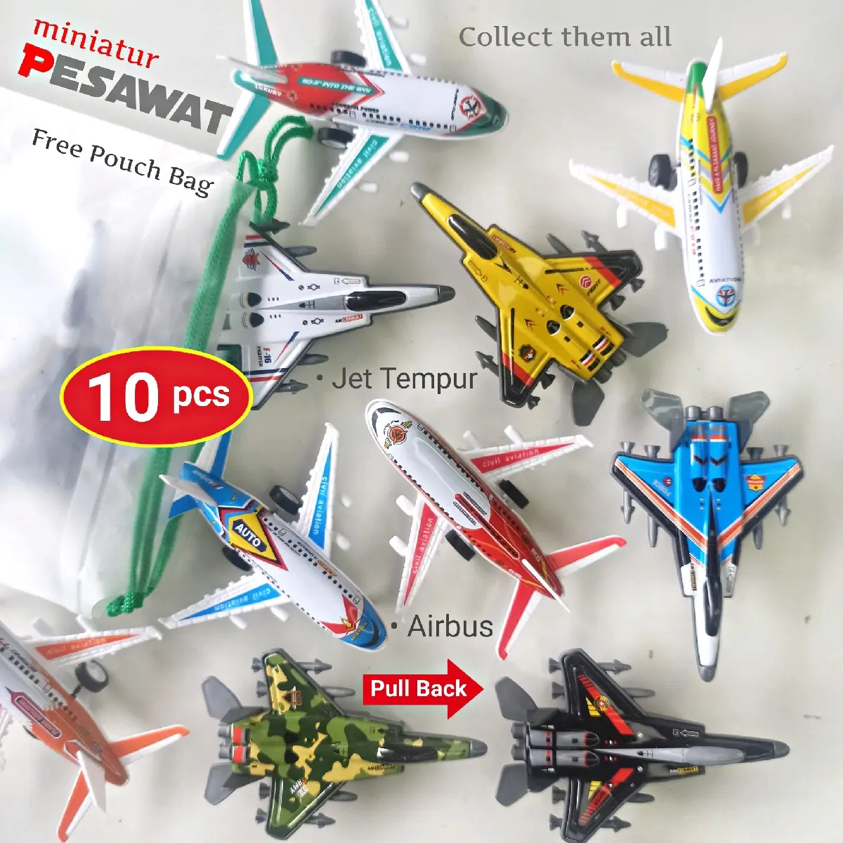 PAKET MIX 10 PCS IRON AIRPLANE AIRBUS & JET TEMPUR (BESI - PULLBACK) MAINAN ANAK PESAWAT BESI MINIATUR PESAWAT Toy