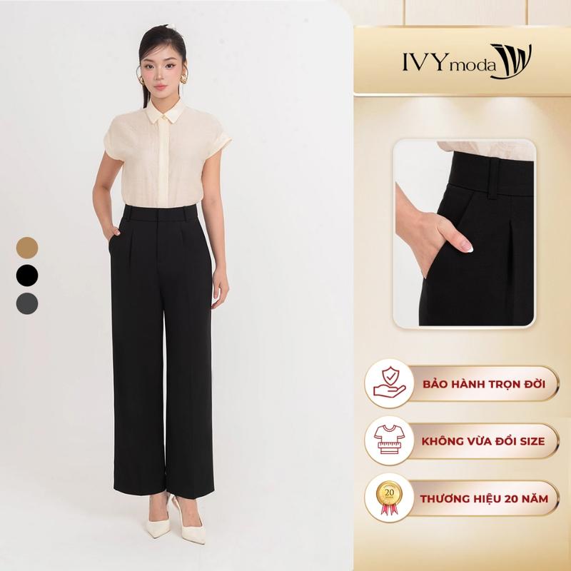  Quần tây ống suông cạp cao Quần công sở dạo phố nữ IVY moda MS 22T0240 