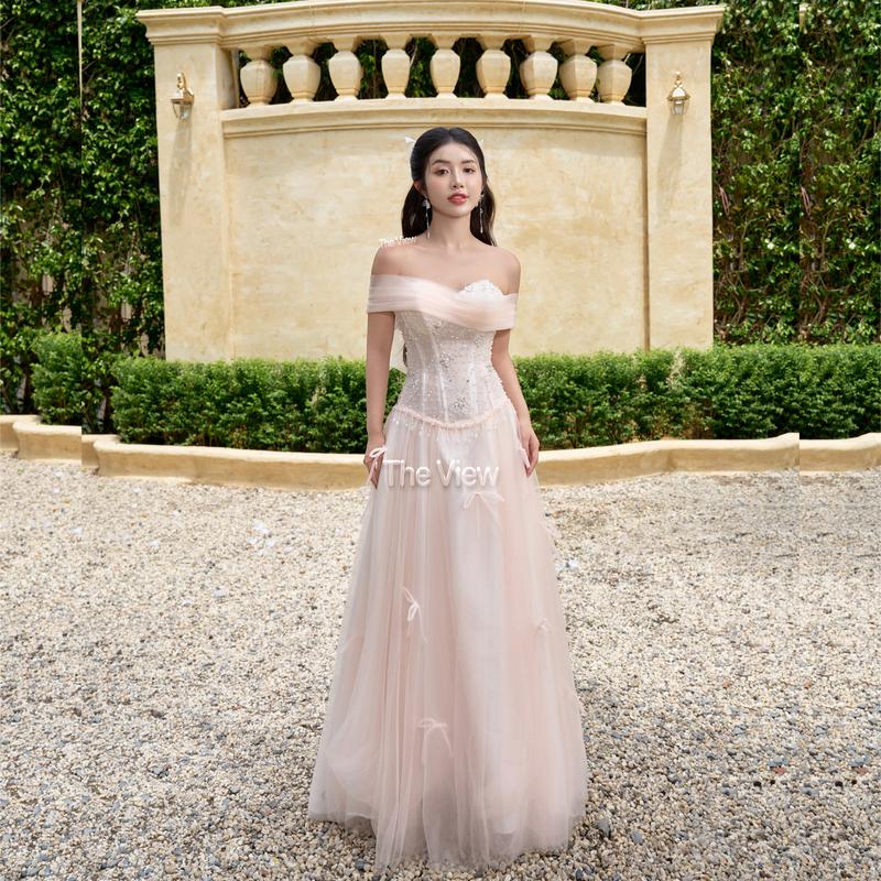 Tặng Voan Váy maxi đi bàn from thiết kế corset dáng dài xiếc eo và bụng dưới váy màu hồng mặc đi bàn kiểu váy trễ vai tua rua mã 357