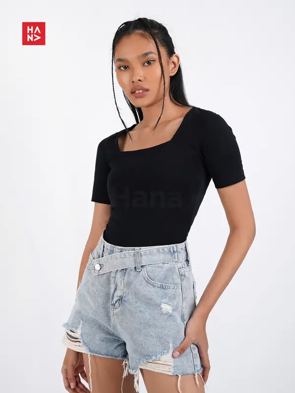 Hana Fashion - Martina Basic Kaos T-Shirt Baju Polos Square Neck Gaya Korea Kaos Wanita Bahan Jersey Stretch Premium - TS177 Oversize Kerah 1