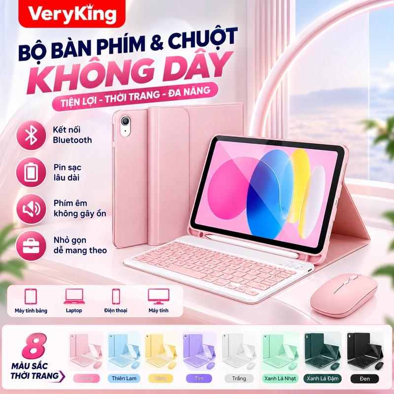 Bộ bàn phím Bluetooth kèm chuột không dây cho máy tính bảng VeryKing, vỏ bảo vệ da, giá đỡ đa góc, nhỏ gọn tiện lợi