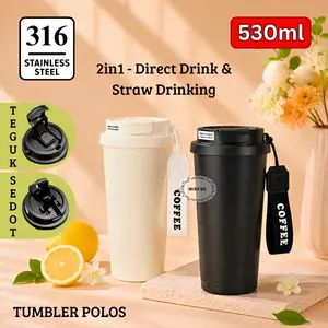 Tumbler Mug 2in1 Stainless Steel 530ml Tahan Panas Dingin / Gelas Kopi Lucky Polos