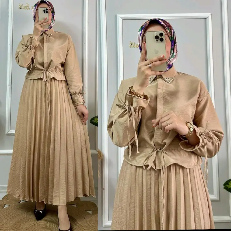 Jihan One Set Rok Plisket | Setelan Wanita Muslim Atasan Crop Rok Panjang Kulot Plisket Full Kancing Kerah Kemeja Crinkle Airflow Karet Melar 0