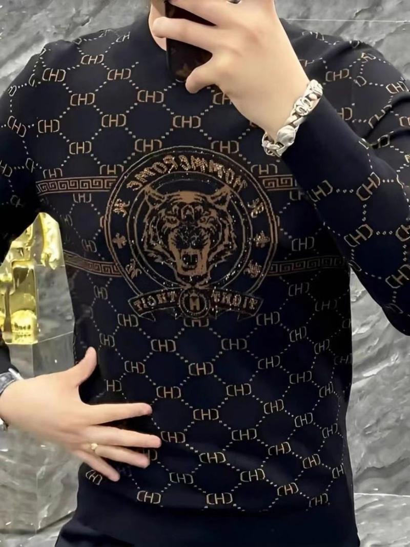 Product Introduction of Tiger head pattern men's base shirt new long sleeved shaping fit fashionable casual versatile round neck personalized T-shirt Menswear Top 2