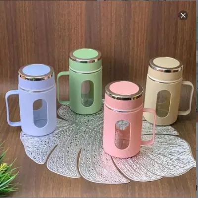Botol Cangkir Mug Gelas Kaca Gagang Cover Plastik Shell Coffee Cup Souvenir Hadiah Wedding Ultah 500ml