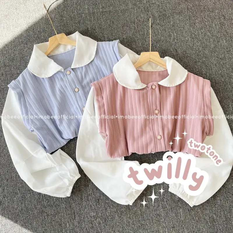 TWILLY TWOTONE BLOUSE // BLOUSE KNIT HORNET COMBI SYAKILA KOREA VINTAGE Kerah Panjang Wanita Atasan Baju 0