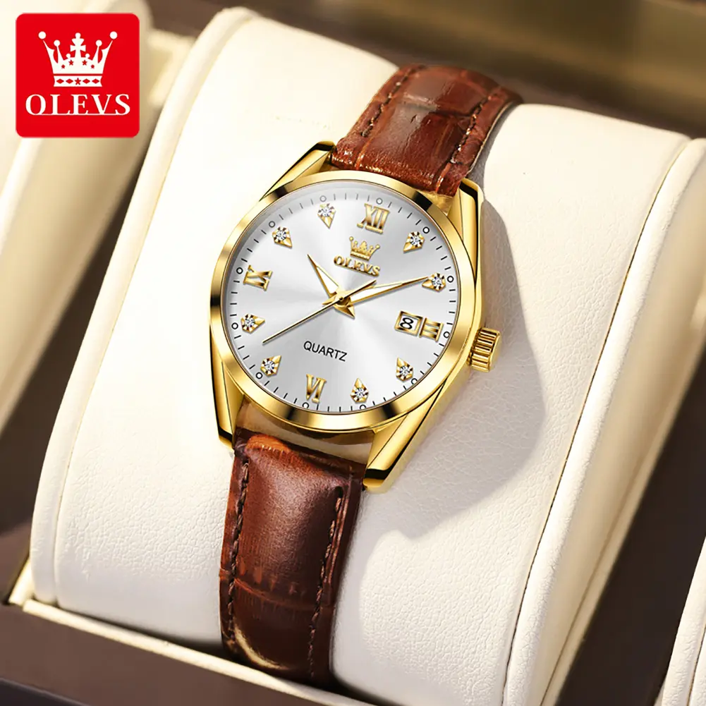 OLEVS - Đồng Hồ Thạch Anh Chính Hãng Cho Nữ, Bảo Hành 1 Năm + Hộp Đồng Hồ, Dây Da, Kim Cương Sang Trọng, Hiển Thị Ngày Tháng, Bộ Đồng Hồ Cặp Đôi