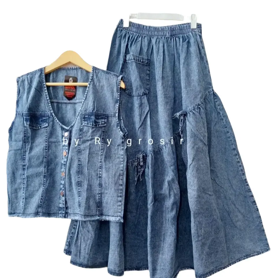 Setelan Wanita Vest & Crope Rok Super Mayung Bahan Jeans Wash Dewasa Panjang