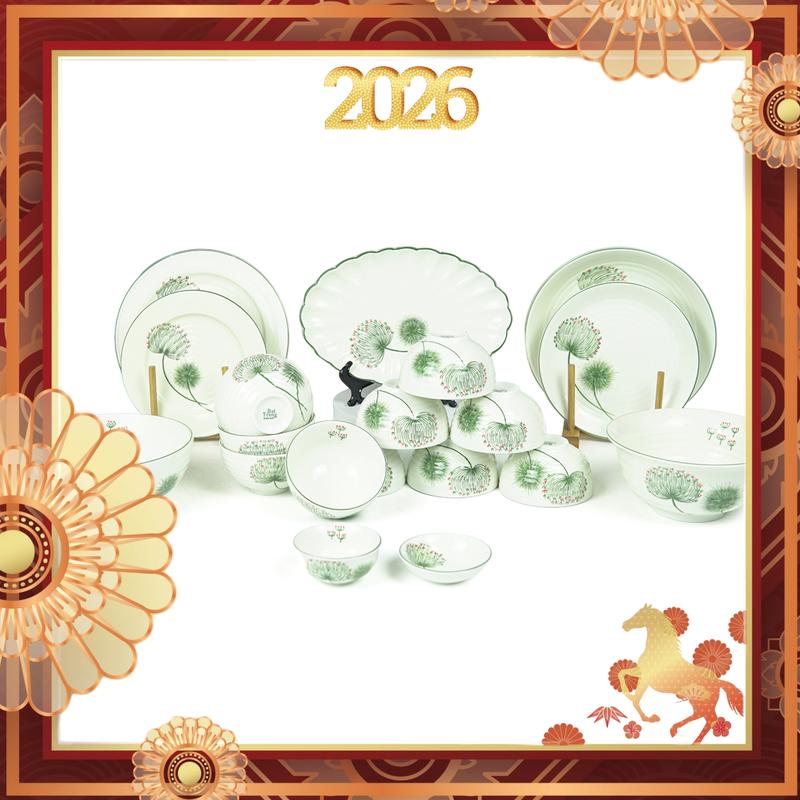 Bộ Bát Đĩa Men Kem Họa Tiết Bồ Công Anh Vẽ Tay - Gốm Sứ Bát Tràng Cao Cấp
