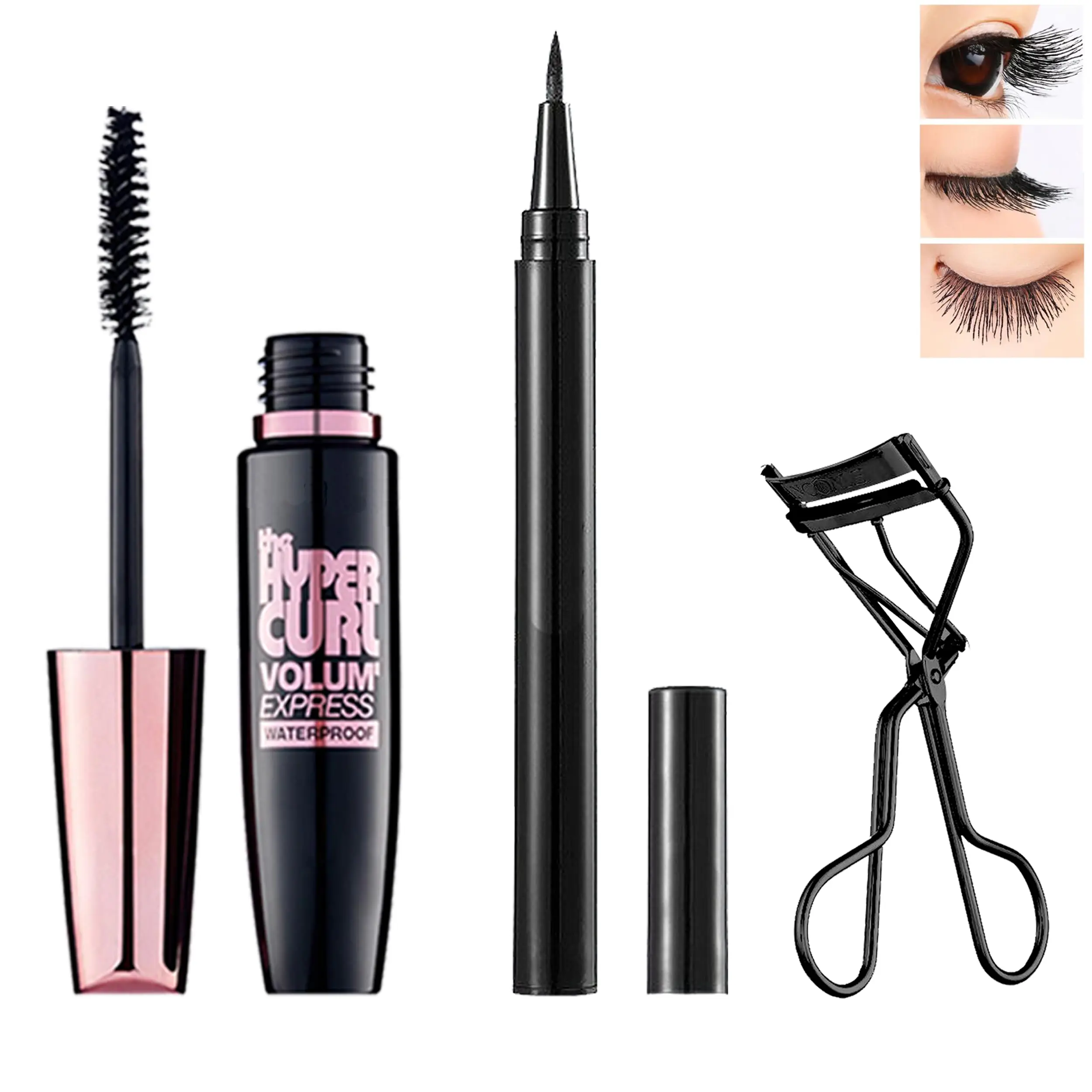 Paket Makeup 3in1 Maskara, Eyeliner, Pelentik Bulu Mata Hitam Waterproof Mascara Kosmetik