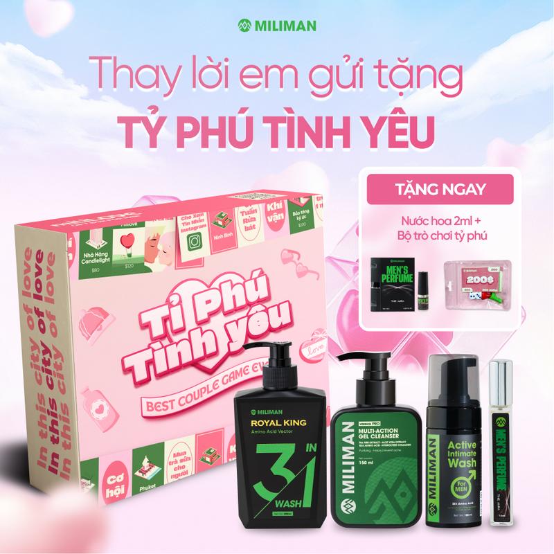   Quà tặng bạn trai  Box Tỷ Phú Tình Yêu miliLOVE | Gồm Sữa Tắm Gội Gel Rửa Mặt Bọt Vệ Sinh Nam | Tặng Nước Hoa Cao Cấp 2ml Và Bộ Trò Chơi Kèm Hộp Quà Đặc Biệt Quà Tặng Nam Giới Tặng Bạn Trai Quà Tặng Chồng 