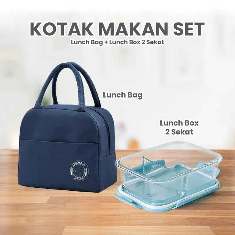 Ideame Perlengkapan Makan Set Hemat 2in1 Lunch Box 2 & 3 Sekat + Lunch Bach / Perlengkapan Makan Praktis 1