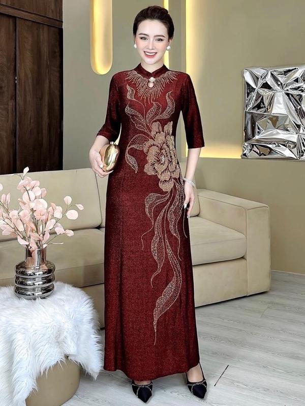  Đầm Trung Niên Dáng Dài M558 Vải Thun Nhủ Kim Sa Co Giãn Cổ Cách Tân Từ 48-75kg Cho Mẹ Dự Tiệc Ôm Gọn Thanh Lịch Dress Váy Nữ Đỏ Women Thun 