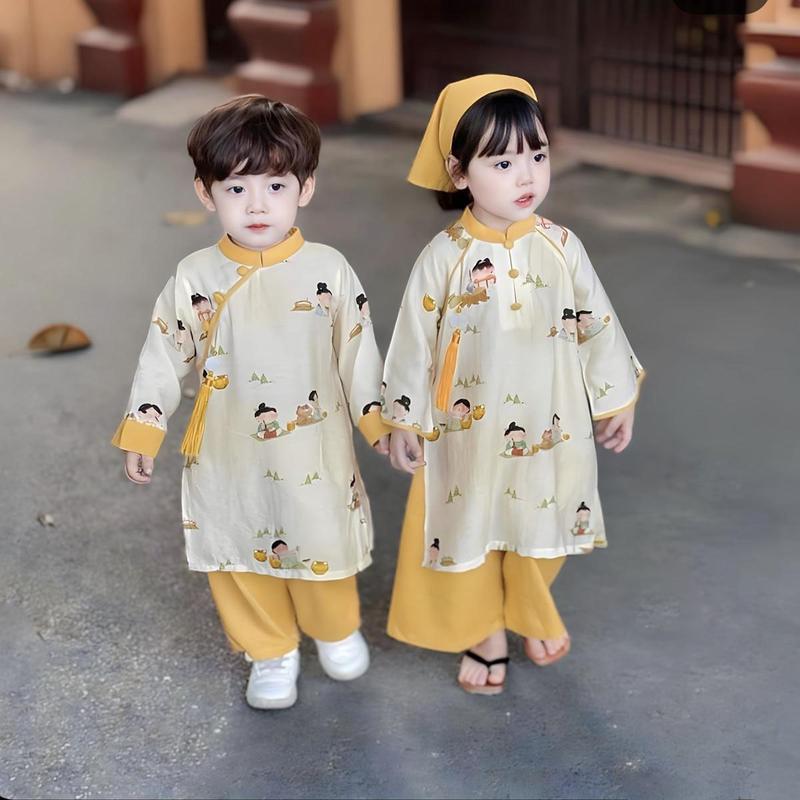  Nanashop916 Áo Dài Cách Tân Cho Bé Trai Bé Gái Hoạ Tiết Xinh Xắn Màu Vàng Chất Liệu Lụa Size Dưới 1m2 - Trộm Vía Tăng Size 