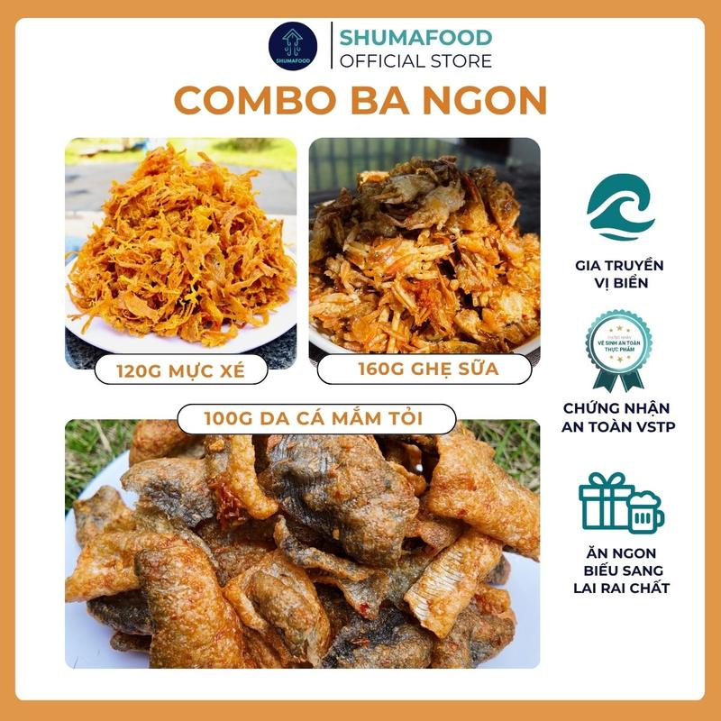 Combo Ba Ngon gồm 160g Khô Ghẹ Sữa chiên giòn 100g khô da cá mắm tỏi 120g khô Mực xé ShumaFood snack ăn vặt
