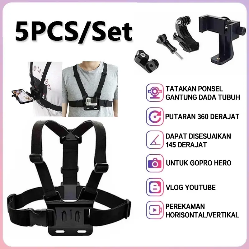 Harness Tripod 5 in 1/Chest Strap Mount Smartphone Gopro Hero Action Cam Tali Strap Dudukan Dada Vlog HP
