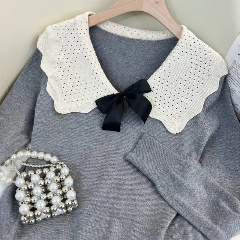GS - Blouse Rajut Kerah Sailor Variasi Pita Lucu | Baju Lengan Panjang Pakaian Wanita Korean Fashion | Polos Kerah baby Kerah Korea | Rajutwear Knit wear 3