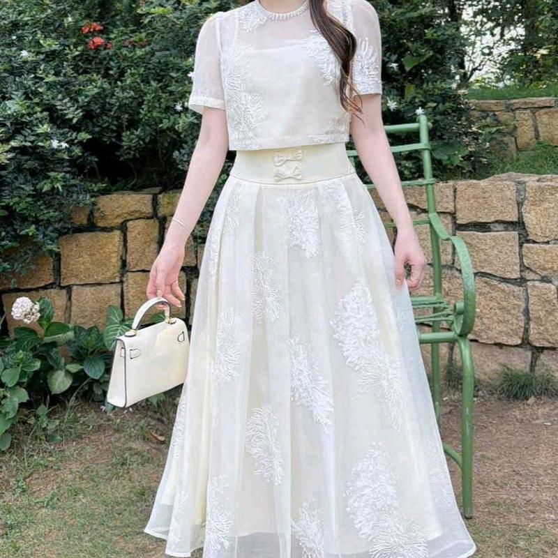  Set váy nữ áo cổ tròn voan tuyết hoa kèm chân váy xếp ly tiểu thư xinh xắn  free size eo dưới 74cm  women 