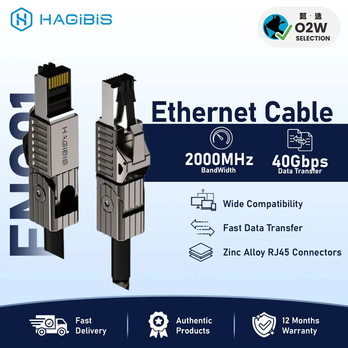 【ONE2WORLD SELECTION】HAGIBIS ENC01 Zinc Alloy 90-Degree Bend Material Ethernet Cable, 3m, Black