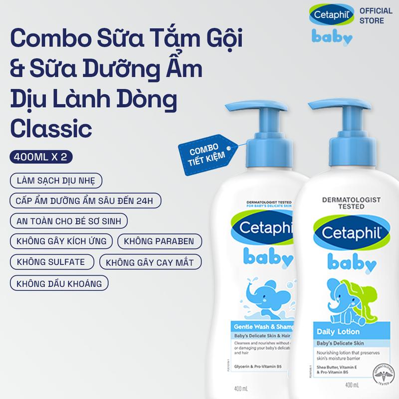 Live Combo Sữa tắm gội dịu lành cho bé Cetaphil Baby Gentle Wash & Shampoo 400ml và Kem dưỡng thể dịu lành cho bé Cetaphil Baby Daily Lotion 400ml