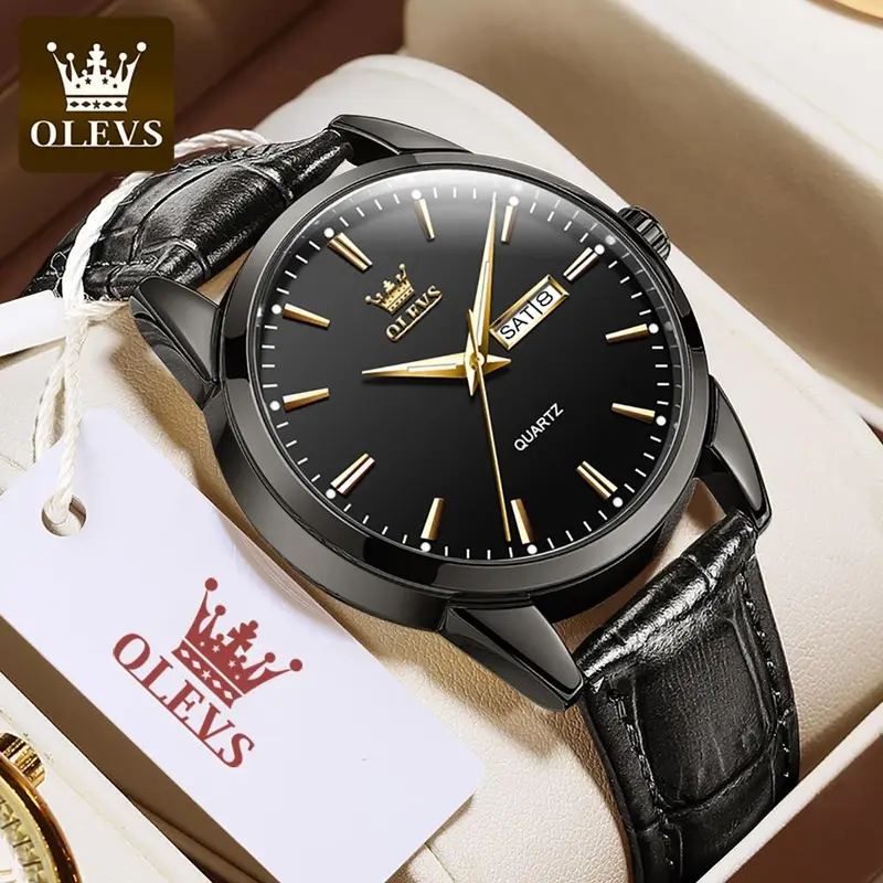 OLEVS Jam Tangan Pria Fashion Tali Kulit Original Anti Air Jam Tangan Cowok Simple Fashion Kuarsa Penunjuk Kalender Bercahaya Tahan Air Analog Men Watch Hitam Putih Biru Cod 1