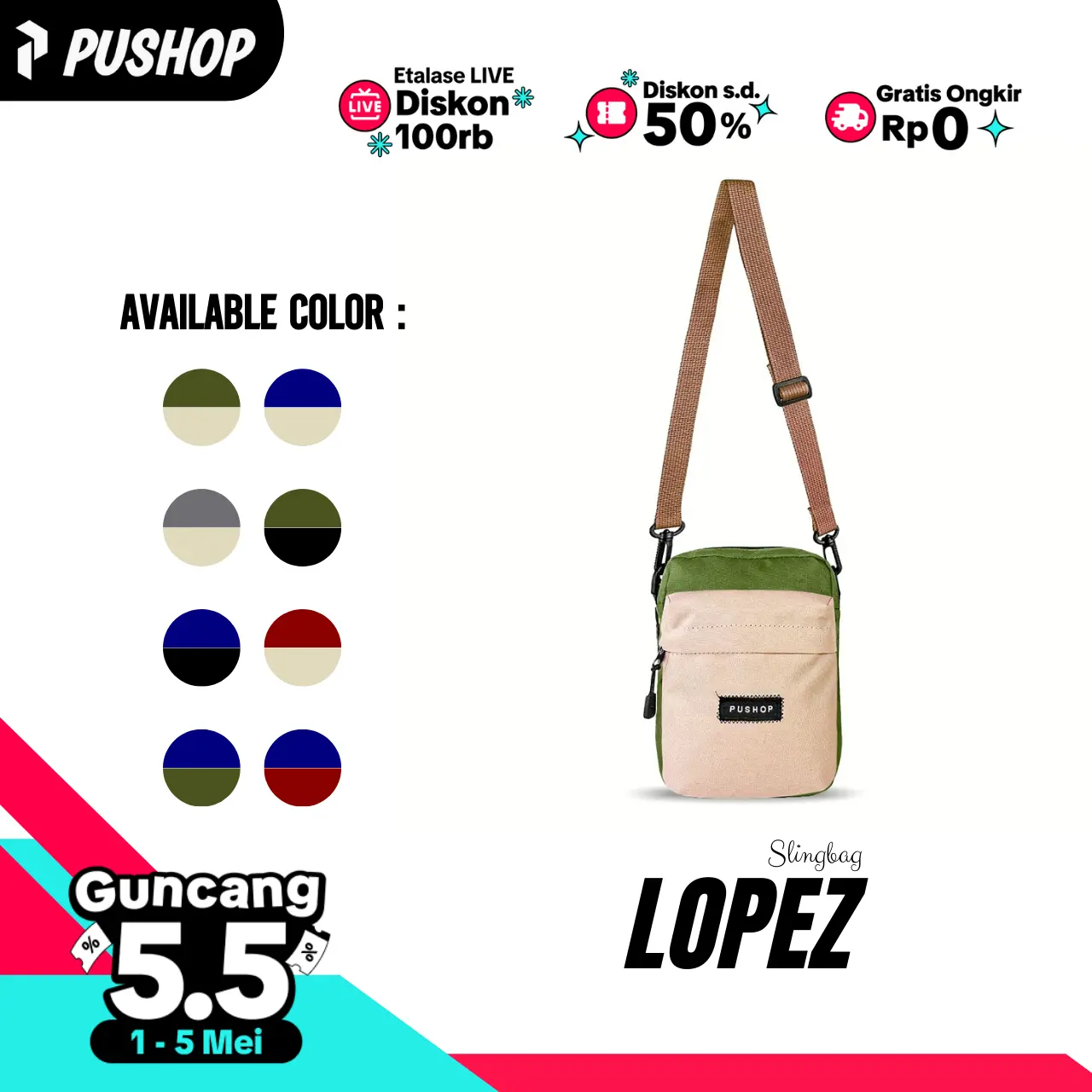 PUSHOP Tas Selempang Pria Wanita LOPEZ - Tas Selempang Kecil Pria Wanita Sling bag Mini Uniseks Kombinasi Warna Polos
